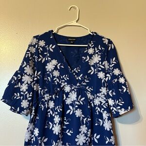 Chloe + Rene Cottagecore Tea-Leng Dress Royal Blue White Floral With Bell Sleeve